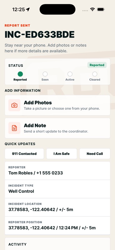 Reporter screen after submitting an incident, with a status tracker and full incident card.