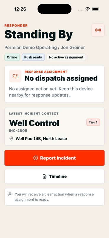Responder standby screen showing latest incident context and no active assignment.